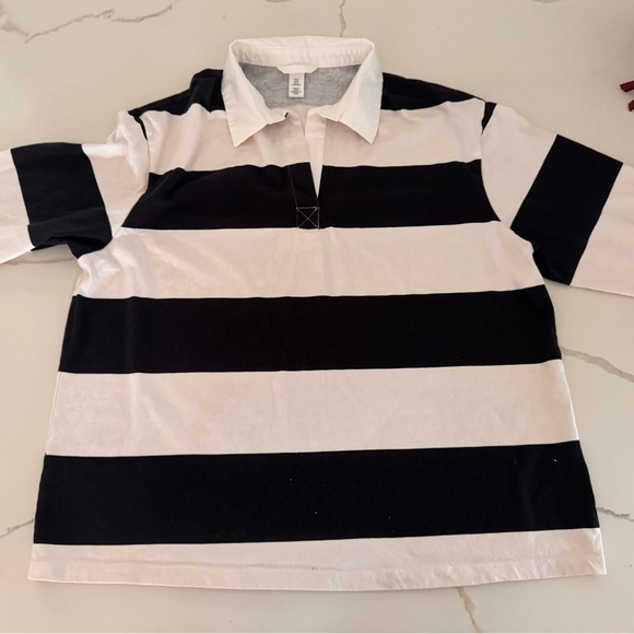 Tops - XL Women’s Black and White Striped Rugby LS Polo
